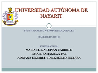 BENCHMARKING VS POSGRESQL, ORACLE BASE DE DATOS II INTEGRANTES: MARÍA ELENA LUPIÁN CARRILLO ISMAEL SAMANIEGA PAZ ADRIANA ELIZABETH DELGADILLO BECERRA UNIVERSIDAD AUTÓNOMA DE NAYARIT 