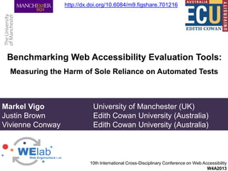 Benchmarking Web Accessibility Evaluation Tools:
10th International Cross-Disciplinary Conference on Web Accessibility
W4A2013
Markel Vigo University of Manchester (UK)
Justin Brown Edith Cowan University (Australia)
Vivienne Conway Edith Cowan University (Australia)
Measuring the Harm of Sole Reliance on Automated Tests
http://dx.doi.org/10.6084/m9.figshare.701216
 