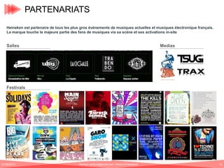 PARTENARIATS
Heineken est partenaire de tous les plus gros événements de musiques actuelles et musiques électronique français.
La marque touche la majeure partie des fans de musiques via sa scène et ses activations in-site

Salles

Medias

Festivals

01/06/2013

Romain.tarillon@gmail.com / Brand Entertainer

14

 