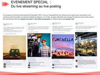 EVENEMENT SPECIAL :
Du live streaming au live posting
A l’occasion du festival international Coachella, SFR a mis un dispositif de live streaming en place pour permettre à sa
communauté de profiter du festival malgré la distance. A ce titre, la ligne éditoriale de la page Facebook s’est centré autour
de l’événement afin de relayer les lives et les faits marquants du festival quasi en temps réel.

31

 