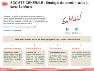 SOCIETE GENERALE : Stratégie de premium avec la
carte So Music
Contrainte à un objectif de recrutement de jeunes prospects, la
Société Générale s’est liée avec un de leur univers de prédilection
pour les attirer : la musique. Le programme So Music a un double
objectif : recruter et fidéliser ses clients grâce à l’obtention d’avantage
exclusifs liés à la musique dès souscriptions.
Positionnement : L’accès à des avantages exclusifs
Ligne de goût : Généraliste
70K fans

2 658f ollowers

Le site web : l’accès à tous les avantages grâce à un compte client So music

Sponsoring événement
Des concerts prives
(Julian Perretta, The Pretty
Reckless, Maroon 5, The
Black Eyed Peas, Ben
l'Oncle Soul, The Killers,
Taio Cruz...)

01/06/2013

Dotations / Billeterie
Concours VIP
Gagner des voyages et
voir les plus grands
artistes en live à l'étranger
(Mika, U2, FallOut Boys,
PussyCat Dolls...), des
objets
collectors...

Téléchargements
Téléchargement gratuit
10 TITRES MP3 offerts
chaque
année
sur
somusic.fr, et au delà, 1
titre acheté = 1 titre offert.

Romain.tarillon@gmail.com / Brand Entertainer

Assurance
Une assurance en cas de
vol du téléphone portable
ou du lecteur MP3 des
clients.

56

 