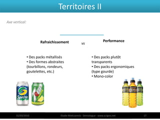 Territoires II
Axe vertical:



                        Rafraichissement                                  Performance
                                                       vs


                • Des packs métallisés                          • Des packs plutôt
                • Des formes abstraites                         transparents
                (tourbillons, rondeurs,                         • Des packs ergonomiques
                goutelettes, etc.)                              (type gourde)
                                                                • Mono-color




      31/03/2010                     Elodie Mielczareck - Sémiologue - www.sciigno.net     17
 