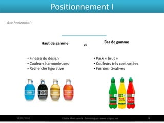 Positionnement I
Axe horizontal :



                     Haut de gamme                                   Bas de gamme
                                                   vs


              • Finesse du design                           • Pack « brut »
              • Couleurs harmonieuses                       • Couleurs très contrastées
              • Recherche figurative                        • Formes itératives




      31/03/2010                 Elodie Mielczareck - Sémiologue - www.sciigno.net        24
 