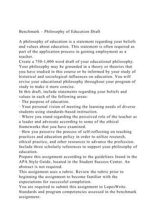 Benchmark – Philosophy of Education Draft
A philosophy of education is a statement regarding your beliefs
and values about education. This statement is often required as
part of the application process in gaining employment as a
teacher.
Create a 750-1,000 word draft of your educational philosophy.
Your philosophy may be grounded in a theory or theories that
you have studied in this course or be informed by your study of
historical and sociological influences on education. You will
revise your educational philosophy throughout your program of
study to make it more concise.
In this draft, include statements regarding your beliefs and
values in each of the following areas:
· The purpose of education.
· Your personal vision of meeting the learning needs of diverse
students using standards-based instruction.
· Where you stand regarding the perceived role of the teacher as
a leader and advocate according to some of the ethical
frameworks that you have examined.
· How you perceive the process of self-reflecting on teaching
practices and education policy in order to utilize research,
ethical practice, and other resources to advance the profession.
Include three scholarly references to support your philosophy of
education.
Prepare this assignment according to the guidelines found in the
APA Style Guide, located in the Student Success Center. An
abstract is not required.
This assignment uses a rubric. Review the rubric prior to
beginning the assignment to become familiar with the
expectations for successful completion.
You are required to submit this assignment to LopesWrite.
Standards and program competencies assessed in the benchmark
assignment:
 