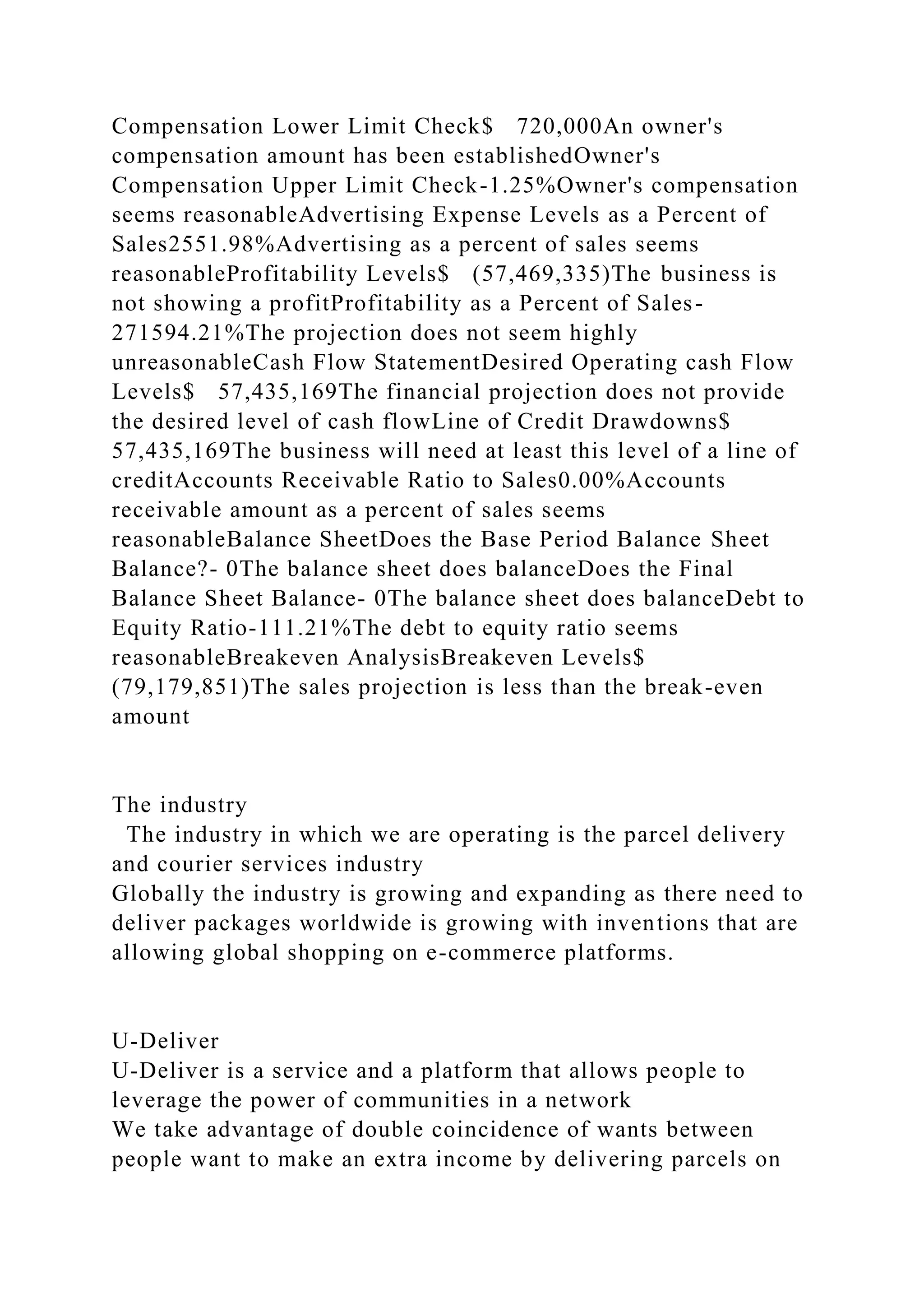 Compensation Lower Limit Check$ 720,000An owner's
compensation amount has been establishedOwner's
Compensation Upper Limit Check-1.25%Owner's compensation
seems reasonableAdvertising Expense Levels as a Percent of
Sales2551.98%Advertising as a percent of sales seems
reasonableProfitability Levels$ (57,469,335)The business is
not showing a profitProfitability as a Percent of Sales-
271594.21%The projection does not seem highly
unreasonableCash Flow StatementDesired Operating cash Flow
Levels$ 57,435,169The financial projection does not provide
the desired level of cash flowLine of Credit Drawdowns$
57,435,169The business will need at least this level of a line of
creditAccounts Receivable Ratio to Sales0.00%Accounts
receivable amount as a percent of sales seems
reasonableBalance SheetDoes the Base Period Balance Sheet
Balance?- 0The balance sheet does balanceDoes the Final
Balance Sheet Balance- 0The balance sheet does balanceDebt to
Equity Ratio-111.21%The debt to equity ratio seems
reasonableBreakeven AnalysisBreakeven Levels$
(79,179,851)The sales projection is less than the break-even
amount
The industry
The industry in which we are operating is the parcel delivery
and courier services industry
Globally the industry is growing and expanding as there need to
deliver packages worldwide is growing with inventions that are
allowing global shopping on e-commerce platforms.
U-Deliver
U-Deliver is a service and a platform that allows people to
leverage the power of communities in a network
We take advantage of double coincidence of wants between
people want to make an extra income by delivering parcels on
 