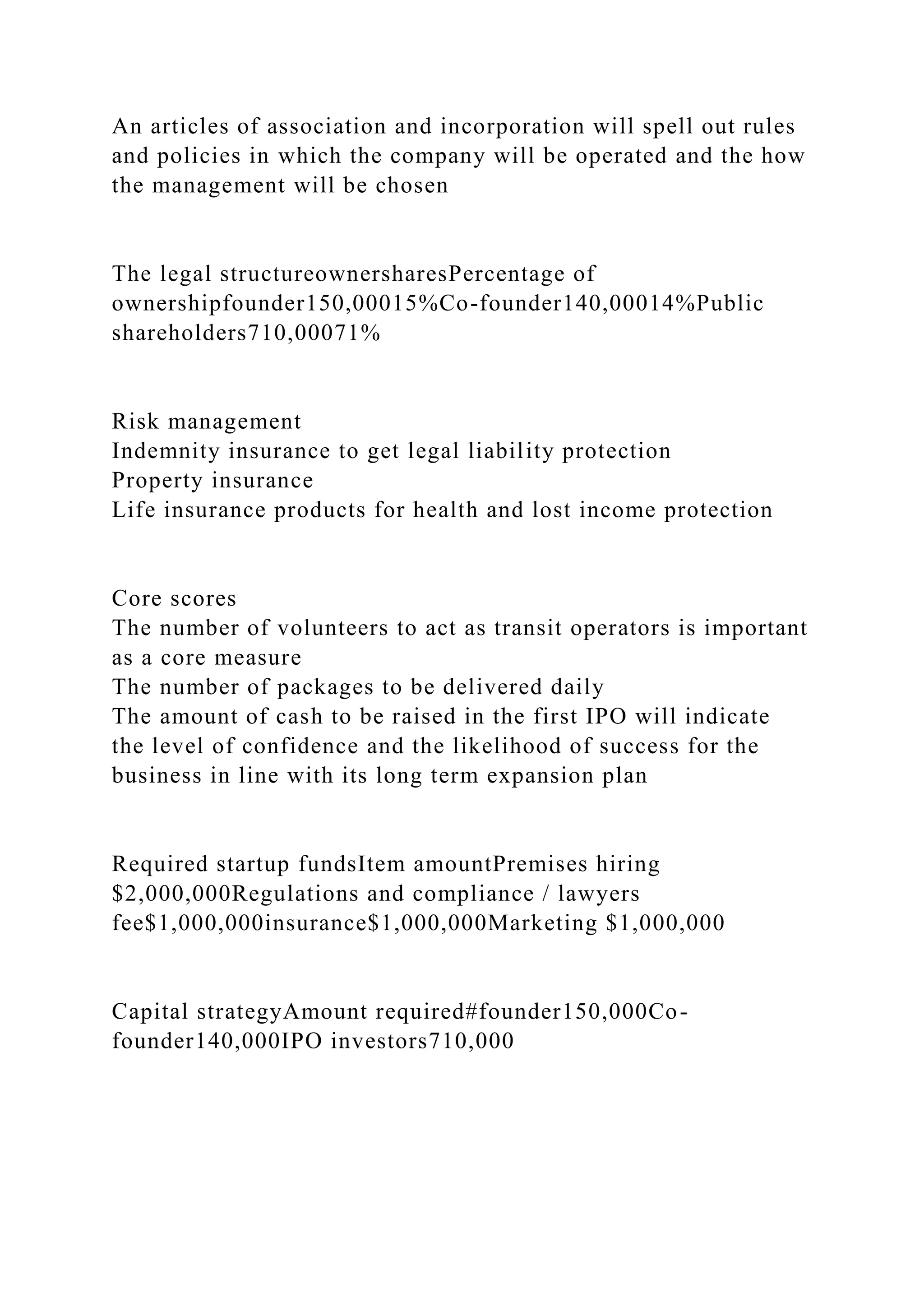 An articles of association and incorporation will spell out rules
and policies in which the company will be operated and the how
the management will be chosen
The legal structureownersharesPercentage of
ownershipfounder150,00015%Co-founder140,00014%Public
shareholders710,00071%
Risk management
Indemnity insurance to get legal liability protection
Property insurance
Life insurance products for health and lost income protection
Core scores
The number of volunteers to act as transit operators is important
as a core measure
The number of packages to be delivered daily
The amount of cash to be raised in the first IPO will indicate
the level of confidence and the likelihood of success for the
business in line with its long term expansion plan
Required startup fundsItem amountPremises hiring
$2,000,000Regulations and compliance / lawyers
fee$1,000,000insurance$1,000,000Marketing $1,000,000
Capital strategyAmount required#founder150,000Co-
founder140,000IPO investors710,000
 