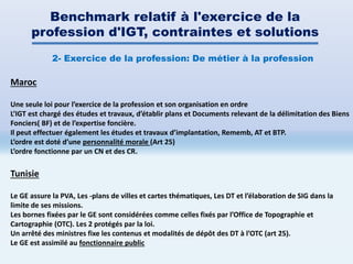Maroc
Une seule loi pour l’exercice de la profession et son organisation en ordre
L’IGT est chargé des études et travaux, ...