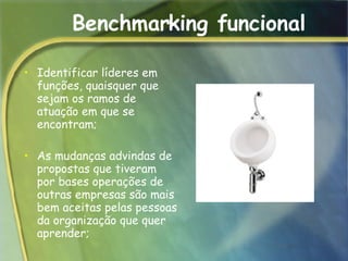 Benchmarking funcional Identificar líderes em funções, quaisquer que sejam os ramos de atuação em que se encontram;  As mudanças advindas de propostas que tiveram por bases operações de outras empresas são mais bem aceitas pelas pessoas da organização que quer aprender;  