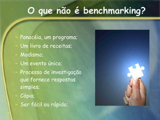 O que não é benchmarking? Panacéia, um programa;  Um livro de receitas;  Modismo;  Um evento único;  Processo de investigação que fornece respostas simples;  Cópia;  Ser fácil ou rápido;    