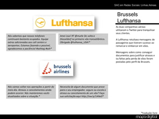 SAC em Redes Sociais: Linhas Aéreas



                                                                                            Brussels
                                                                                            Lufthansa
                                                                                           As duas companhias aéreas
                                                                                           utilizaram o Twitter para tranquilizar
                                                                                           seus clientes.
Nós sabemos que nossos telefones             Amei isso! RT @mutle De volta a
continuam bastante ocupados. Equipe          Düsseldorf no primeiro vôo transatlântico.    A Lufthansa retuítava mensagens de
extras adicionadas aos call centers e        Obrigado @luthansa_USA!*                      passageiros que tiveram sucesso ao
aeroportos. Estamos fazendo o possível,                                                    remarcar e embarcar em vôos.
agradecemos a paciência! #ashtag #ash*
                                                                                           Mensagens sobre como conseguir
                                                                                           documentos para justificar atrasos e
                                                                                           ou faltas pela perda de vôos foram
                                                                                           postadas pelo perfil da Brussels.




Nós vamos voltar nos operações a partir do   Necessita de algum documento que prove
meio dia. Atrasos e cancelamentos ainda      para o seu empregador, seguro ou escola o
podem ocorrer. Nós manteremos vocês          atraso ou cancelamento de um vôo? Faça
atualizados sobre a situação.*               sua solicitação aqui http://ow.ly/1ANe0*




                                                                                                                   *tradução livre
 