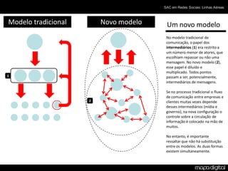 SAC em Redes Sociais: Linhas Aéreas



Modelo tradicional       Novo modelo    Um novo modelo
                                        No modelo tradicional de
                                        comunicação, o papel dos
                                        intermediários (1) era restrito a
                                        um número menor de atores, que
                                        escolhiam repassar ou não uma
                                        mensagem. No novo modelo (2),
                                        esse papel é diluído e
                                        multiplicado. Todos pontos
1                                       passam a ser, potencialmente,
                                        intermediários de mensagens.

                                        Se no processo tradicional o fluxo
                                        de comunicação entre empresas e
                     2                  clientes muitas vezes depende
                                        desses intermediários (mídia e
                                        governo), na nova configuração o
                                        controle sobre a circulação de
                                        informação é colocado na mão de
                                        muitos.

                                        No entanto, é importante
                                        ressaltar que não há substituição
                                        entre os modelos. As duas formas
                                        existem simultaneamente.
 