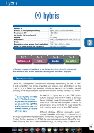 Avril 2012
18
Oracle ATG, Websphere Commerce and Intershop, were leading the Tier-1 & Tier-
2 and competition was almost organized until a Swiss team gently blown up this
quiet landscape. Nowadays, whatever criteria you examine Hybris under; you will
probably find it very successful, as their investors that recently injected $ 30 million.
In June 2013, Hybris was acquired SAP, similar
culture, language and mindset (Hybris is a Suisse
based solution) made Hybris and SAP naturally
compatible. SAP will reinforce Hybris positions by
providing key entry points to the major accounts
and providing a cornerstone: their ERP system.
Different strategy, different philosophy, experi-
mented managers, serious product, Hybris caught
the major player rather unprepared and accelerated very quickly. Initially known for its
Product Content Management (PCM), the team quickly integrated an Order Manage-
ment System (OMS) and a multi-channel strategy, becoming a very complete actor.
Hybris
A major actor is back
Belongs to SAP
Number of employees (worldwide) approx. 58 000 people (estimated)
Revenues in 2011 ~ $21 billion
Version (at the time of study) 5.0
Licence Proprietary
First release June 2002 (belongs to SAP since june 2013)
Origin Swiss
Budget to create a website (low/middle/high) €100-200k / €500k / > €500k
More KPI & indicators in the full version http://is.gd/e_commerce
Express analysis
“The company founded
in 1997 in Munich has
experienced growth for
years, until it caught the
e-Commerce wave and
started to soar a couple
of years ago.”
Tier 4 Tier 3 Tier 2 Tier 1
Not targeted Trying Leader Breaching
• Content stripped but available in the full version (http://is.gd/e_commerce)
Full review of pros & cons along with strategy and evolution : 12 pages.
 