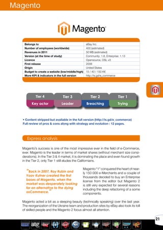 Avril 2012
21
Belongs to eBay Inc.
Number of employees (worldwide) 400 (estimated)
Revenues in 2011 50 M$ (estimated)
Version (at the time of study) Community: 1.8, Enterprise: 1.13
Licence Opensource, OSL v3
First release 2008
Origin United States
Budget to create a website (low/middle/high) 15 / 40 / 150 K€
More KPI & indicators in the full version http://is.gd/e_commerce
Magento’s success is one of the most impressive ever in the field of e-Commerce,
ever. Magento is the leader in terms of market shares (without merchant size consi-
derations). In the Tier 3 & 4 market, it is dominating the place and even found growth
in the Tier 2, only Tier 1 still eludes the Californians.
Magento “1” conquered the heart of near-
ly 150 000 e-Merchants and a couple of
thousands decided to buy an Enterprise
license from the editor but Magento 2
is still very expected for several reasons
including the deep refactoring of a some
components.
Magento acted a bit as a sleeping beauty (technically speaking) over the last year.
The reorganization of the Ukraine team and production sites by eBay also took its toll
of skilled people and the Magento 2 focus almost all attention.
Express analysis
“Back in 2007, Roy Rubin and
Yoav Kutner created the first
bases of Magento, when the
market was desperately looking
for an alternative to the dying
osCommerce.”
Magento
Tier 4 Tier 3 Tier 2 Tier 1
Key actor Leader Breaching Trying
• Content stripped but available in the full version (http://is.gd/e_commerce)
Full review of pros & cons along with strategy and evolution : 12 pages.
 