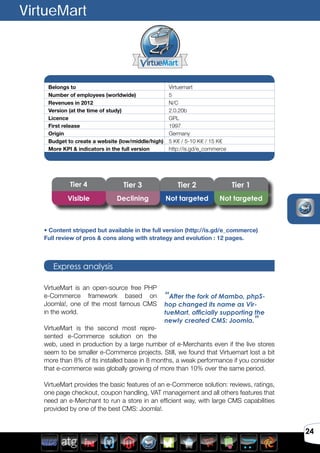 Avril 2012
24
Belongs to Virtuemart
Number of employees (worldwide) 5
Revenues in 2012 N/C
Version (at the time of study) 2.0.20b
Licence GPL
First release 1997
Origin Germany
Budget to create a website (low/middle/high) 5 K€ / 5-10 K€ / 15 K€
More KPI & indicators in the full version http://is.gd/e_commerce
VirtueMart is an open-source free PHP
e-Commerce framework based on
Joomla!, one of the most famous CMS
in the world.
VirtueMart is the second most repre-
sented e-Commerce solution on the
web, used in production by a large number of e-Merchants even if the live stores
seem to be smaller e-Commerce projects. Still, we found that Virtuemart lost a bit
more than 8% of its installed base in 8 months, a weak performance if you consider
that e-commerce was globally growing of more than 10% over the same period.
VirtueMart provides the basic features of an e-Commerce solution: reviews, ratings,
one page checkout, coupon handling, VAT management and all others features that
need an e-Merchant to run a store in an efficient way, with large CMS capabilities
provided by one of the best CMS: Joomla!.
Express analysis
“After the fork of Mambo, phpS-
hop changed its name as Vir-
tueMart, officially supporting the
newly created CMS: Joomla.”
VirtueMart
Tier 4 Tier 3 Tier 2 Tier 1
Visible Declining Not targeted Not targeted
• Content stripped but available in the full version (http://is.gd/e_commerce)
Full review of pros & cons along with strategy and evolution : 12 pages.
 