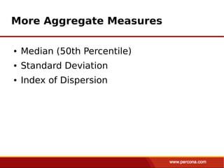 More Aggregate Measures

●   Median (50th Percentile)
●   Standard Deviation
●   Index of Dispersion
 