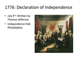 1776: Declaration of Independence July 4 th : Written by Thomas Jefferson Independence Hall, Philadelphia 