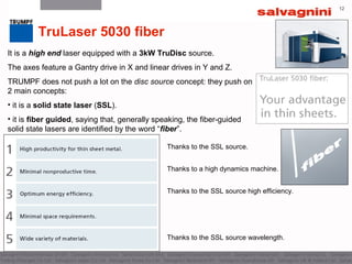 1212
TruLaser 5030 fiber
It is a high end laser equipped with a 3kW TruDisc source.
The axes feature a Gantry drive in X and linear drives in Y and Z.
TRUMPF does not push a lot on the disc source concept: they push on
2 main concepts:
• it is a solid state laser (SSL).
• it is fiber guided, saying that, generally speaking, the fiber-guided
solid state lasers are identified by the word “fiber”.
Thanks to the SSL source.
Thanks to a high dynamics machine.
Thanks to the SSL source high efficiency.
Thanks to the SSL source wavelength.
 