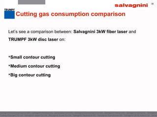 30
Let’s see a comparison between: Salvagnini 3kW fiber laser and
TRUMPF 3kW disc laser on:
Small contour cutting
Medium contour cutting
Big contour cutting
Cutting gas consumption comparison
 