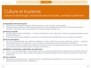 Culture et tourisme!
culture et technologie, interactivité avec le citoyen, promotion patrimoine 
Cartographie interactive (Lyon): 
•  Portail Culture: cartographie interactive des lieux culturels, circuits de visites, visites virtuelles
•  Fête des lumières: événement mêlant technologie et culture; site cartographiant et décrivant l’ensemble des activités et
animations; identiﬁcation de circuits possibles en fonction des goûts, des âges, etc.
Immersion virtuelle
•  3D villes (Angers, Poitiers, Montpellier...): immersion virtuelle dans la ville - découverte, visite et jeux (gagner des places pour les
événements sportifs...)
•  Google Art project: visites virtuelles de musées et monuments tels que le MoMa à New York, le château de Versailles
Services ubiquitaires
•  New York - Beta.Broadcastr.com: plateforme diffusant un contenu audio (histoire, astuces, patrimoine, tourisme..._ spéciﬁque
à la localisation (parcs, rues, bâtiments...) sur le modèle d’un audio-guide au musée (contributions collectives)
•  Tokyo: bornes interactives géantes permettant de consulter des cartes, de télécharger des itinéraires ; carte paiement mobile
sans contact pour les touristes (musées, transports, commerces...)
Installations interactives, valorisation du patrimoine
•  “Touch” - tour Dexia (Bruxelles): un écran tactile a permis aux citoyens de piloter les jeux graphiques et l’illumination de la tour 
•  Gare centrale de Toronto: sapin de Noël illuminé grâce à l’activité des médias sociaux (Twitter) au Canada sur le thème Noël
(#christmas)
Service culturels
•  Bibliothèque municipale de Lyon: “Guichet du savoir”, les bibliothécaires répondent en moins de 72h sur des questions
diverses (histoire, droit, éducation, statistiques....)
Mobilité
 Éducation
 Culture
Participation / Service
Public 2.0
 Innovation
Développement
durable
 