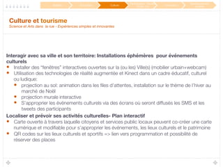 Culture et tourisme 
Science et Arts dans la rue - Expériences simples et innovantes
Interagir avec sa ville et son territoire: Installations éphémères pour événements
culturels
•  Installer des “fenêtres” interactives ouvertes sur la (ou les) Ville(s) (mobilier urbain+webcam)
•  Utilisation des technologies de réalité augmentée et Kinect dans un cadre éducatif, culturel
ou ludique:
•  projection au sol: animation dans les ﬁles d’attentes, installation sur le thème de l’hiver au
marché de Noël
•  projection murale interactive
•  S’approprier les événements culturels via des écrans où seront diffusés les SMS et les
tweets des participants 
Localiser et prévoir ses activités culturelles- Plan interactif 
•  Carte ouverte à travers laquelle citoyens et services public locaux peuvent co-créer une carte
numérique et modiﬁable pour s’approprier les événements, les lieux culturels et le patrimoine 
•  QR codes sur les lieux culturels et sportifs => lien vers programmation et possibilité de
réserver des places
Mobilité
 Éducation
 Culture
Participation / Service
Public 2.0
 Innovation
Développement
durable
 