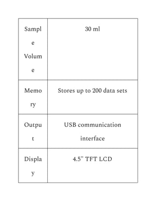 Sampl
e
Volum
e
30 ml
Memo
ry
Stores up to 200 data sets
Outpu
t
USB communication
interface
Displa
y
4.5" TFT LCD
 