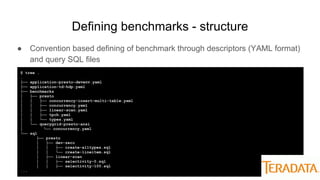 Defining benchmarks - structure
● Convention based defining of benchmark through descriptors (YAML format)
and query SQL files
$ tree .
.
├── application-presto-devenv.yaml
├── application-td-hdp.yaml
├── benchmarks
│ ├── presto
│ │ ├── concurrency-insert-multi-table.yaml
│ │ ├── concurrency.yaml
│ │ ├── linear-scan.yaml
│ │ ├── tpch.yaml
│ │ └── types.yaml
│ └── querygrid-presto-ansi
│ └── concurrency.yaml
└── sql
├── presto
│ ├── dev-zero
│ │ ├── create-alltypes.sql
│ │ └── create-lineitem.sql
│ ├── linear-scan
│ │ ├── selectivity-0.sql
│ │ ├── selectivity-100.sql
...
 