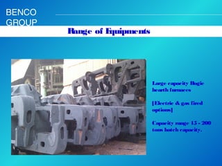 BENCO
GROUP

Range of E
quipments

Large capacity Bogie
hearth furnaces
[Electric & gas fired
options]
Capacity range 15 - 200
tons batch capacity.
 
 

 