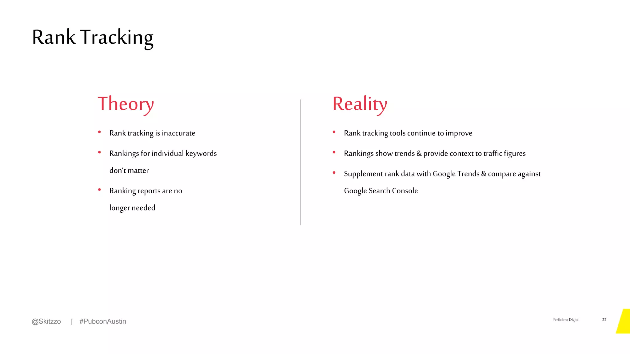 Perficient Digital
Theory
• Rank tracking is inaccurate
• Rankings forindividual keywords
don’t matter
• Ranking reports areno
longer needed
Rank Tracking
22
@Skitzzo | #PubconAustin
Reality
• Rank tracking tools continue toimprove
• Rankings show trends &provide context totrafficfigures
• Supplement rankdata with Google Trends &compare against
Google Search Console
 