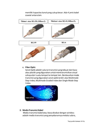 Taqiyyuddin Hammam‘Afiify
memiliki kapasitas kanalyang cukup besar. Ada 4 jenis kabel
coaxial antara lain:
c. Fiber Optic
Serat Optik adalah saluran transmisiyang tebuat dari kaca
atau plastik yang digunakan untuk mentransmisikan sinyal
cahaya dari suatu tempat ke tempat lain. Berdasarkan mode
transmisiyang digunakan serat optik terdiri atas Multimode
Step Index, Multimode Graded Indexdan Single Mode Step
Index.
2. MediaTransmisi Kabel
Media transmisikabelatau biasa disebut dengan wireless
adalah media transmisiyang penyebarannya melalui udara,
Thinnet atau RG-58 (10Base2) Thicknet atau RG-8 (10Base5).
RG-59 RG-6
 