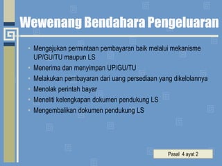 Wewenang Bendahara PengeluaranMengajukan permintaan pembayaran baik melalui mekanisme UP/GU/TU maupun LSMenerima dan menyimpan UP/GU/TUMelakukan pembayaran dari uang persediaan yang dikelolannyaMenolak perintah bayarMeneliti kelengkapan dokumen pendukung LSMengembalikan dokumen pendukung LSPasal  4 ayat 2