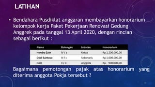 LATIHAN
28
• Bendahara Pusdiklat anggaran membayarkan honorarium
kelompok kerja Paket Pekerjaan Renovasi Gedung
Anggrek pada tanggal 13 April 2020, dengan rincian
sebagai berikut :
Nama Golongan Jabatan Honorarium
Hendra Zain IV / a Ketua Rp.1.200.000,00
Dodi Santoso III / c Sekretaris Rp.1.000.000,00
Heri II / d Anggota Rp. 900.000,00
atas honorarium yang
Bagaimana pemotongan pajak
diterima anggota Pokja tersebut ?
 