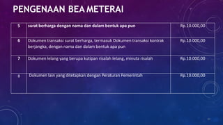 5 surat berharga dengan nama dan dalam bentuk apa pun Rp.10.000,00
6 Dokumen transaksi surat berharga, termasuk Dokumen transaksi kontrak
berjangka, dengan nama dan dalam bentuk apa pun
Rp.10.000,00
7 Dokumen lelang yang berupa kutipan risalah lelang, minuta risalah Rp.10.000,00
8 Dokumen lain yang ditetapkan dengan Peraturan Pemerintah Rp.10.000,00
39
PENGENAAN BEA METERAI
 