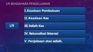 LPJ BENDAHARA PENGELUARAN
33
LPJ
I.Keadaan Pembukuan
II.Keadaan Kas
III.Selisih Kas
IV. Rekonsiliasi I
nternal
V. Penjelasan atas selisih.
 