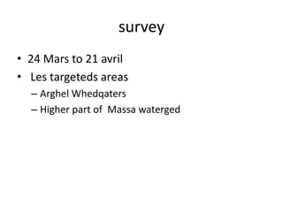 survey
• 24 Mars to 21 avril
• Les targeteds areas
– Arghel Whedqaters
– Higher part of Massa waterged
 