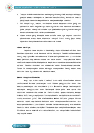 BENDA, SIFAT-SIFAT DAN KEGUNAANNYA (SD)


     b. Gas-gas itu terkumpul di dalam wadah yang dikelilingi oleh air dingin sehingga
          gas-gas tersebut mengembun (berubah menjadi cairan). Proses ini disebut
          penyulingan destruktif- kayu diuraikan menjadi berbagai zat kimia.
     c.   Tar, minyak kayu, alkohol, dan kreosot adalah beberapa cairan yang kita
          peroleh dari kayu. Minyhak kayu dapat digunakan untuk membuat desinfektan
          (obat penyuci hama) dan alcohol kayu (metanol) dapat digunakan sebagai
          bahan bakar atau untuk cairan plituran mebel.
     d. Produk limbah yang tertinggal dalam di dalm tanur juga berguna. Abu sisa
          pembakaran arang dapat digunakan sebagai pupuk. Arang juga sering
          digunakan oleh para seniman untuk membuat sketsa.


     Tekstil dari kayu
               Sejumlah besar selulosa di dalam kayu dapat dipisahkan dari sisa kayu
     dan biasa digunakan untuk membuat selofan dan rayon. Selofan adalah material
     bening yang digunakan untuk kemasan. Rayon sering disebut sutra pohon adalah
     tekstil pertama yang berhasil dibuat dari serat buatan. Tahap pertama dalam
     pembuatan rayon adalah menguraikan kayu untuk membuat lembaran-lembaran
     selulosa. Selulosa dilarutkan dan ditekankan melalui lubang-lubang pemintal.
     Proses ini menghilangkan cairan sehingga menghasilkan benag rayon yang
     kemudian dapat digunakan untuk membuat tekstil.


     Akibat Penggundulan Hutan
               Kayu dari hutan tropis di seluruh dunia telah dimanfaatkan selama
     berabad-abad. Proses penebangan hutan disebut penggundulan hutan, dan
     meliputi penebangan dan pembakaran pohon. Proses ini sangat mempengaruhi
     lingkungan. Penggundulan hutan berdampak besar pada iklim global dan
     kehidupan tumbuhan dan satwa liar. Ketika tumbuh, pohon menyerap karbon
     dioksida (CO2) Mengurangi jumlah pohon di planet ini meningkatkan suhu atmosfir
     bumi (pemanasan global). Hal ini disebabkan karena CO 2 dan gas-gas lainnya
     menahan radiasi yang berasal dari bumi ketika dihangatkan oleh matahari. Jika
     terjadi peningkatan CO2 di atmosfir, semakin banyak radiasi yang akan tertahan
     dan suhu planet ini akan meningkat. Pepohonan juga menghasilkan oksigen yang
     dibutuhkan semua makhluk hidup untuk bertahan, dan menyediakan habitat alami
     bagi banyak hewan.




98   BERMUTU                                                        BAB III RANGKUMAN
 