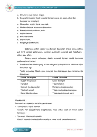 BENDA, SIFAT-SIFAT DAN KEGUNAANNYA (SD)


   a. Umumnya kuat namun ringan.
   b. Secara kimia stabil (tidak bereaksi dengan udara, air, asam, alkali dan
        berbagai zat kimia lain).
   c. Merupakan isolator listrik yang baik.
   d. Mudah dibentuk, khusunya dipanaskan.
   e. Biasanya transparan dan jernih.
   f.   Dapat diwarnai.
   g. Fleksibel/plastis
   h. Dapat dijahit.
   i.   Harganya relatif murah.


              Beberapa contoh plastik yang banyak digunakan antara lain polietilen,
   poli (vinil klorida), polipropilen, polistiren, poli(metil pentena), poli (tetrafluoro -
   etilen) atau teflon.
              Secara umum perbedaan plastik termoset dengan plastik termoplas
   adalah sebagai berikut.
   • Plastik termoset: Plastik yang mudah mengeras jika dipanaskan dan tidak dapat
        dilunakkan lagi.
   • Plastik termoplas: Plastik yang melunak jika dipanaskan dan mengeras jika
        didinginkan.
         Plastik Termoplas                       Plastik Termoset
         Mudah diregangkan                       Keras dan rigid
         Fleksibel                               Tidak fleksibel
         Melunak jika dipanaskan                 Mengeras jika dipanaskan
         Titik leleh rendah                      Tidak meleleh jika dipanaskan
         Dapat dibentuk ulang                    Tidak dapat dibentuk ulang


 Karakteristik
 Berdasarkan responnya terhadap pemanasan:
• Termoplastik: dapat meleleh.
   Contoh: PET (polyethylene terephthalate, misal untuk botol air minum dalam
   kemasan)
• Termoset: tidak dapat meleleh.
   Contoh: melamin (melamine formaldehyde, misal untuk. peralatan makan)




100     BERMUTU                                                      BAB III RANGKUMAN
 