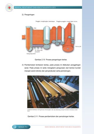 BENDA, SIFAT-SIFAT DAN KEGUNAANNYA (SD)


       2) Pengeringan




                        Gambar 2.10 Proses pengeringan kertas

       3) Pembentukan lembaran kertas, pada proses ini dilakukan penggilingan
          serat. Pada proses ini serta mengalami penguraian dari bentuk bundel
          menjadi serat individu dan penyerabutan serta pemotongan.




             Gambar 2.11 Proses pembentukan dan pemotongan kertas




14   BERMUTU                       BAB II BENDA, SIFAT-SIFAT DAN KEGUNAANNYA
 