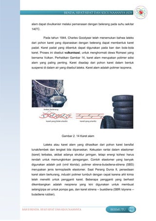 BENDA, SIFAT-SIFAT DAN KEGUNAANNYA (SD)


      alam dapat divulkanisir melalui pemanasan dengan belerang pada suhu sekitar
      140oC.


               Pada tahun 1844, Charles Goodyear telah menemukan bahwa lateks
      dari pohon karet yang dipanaskan dengan belerang dapat membentuk karet
      padat. Karet padat yang dibentuk dapat digunakan pada ban dan bola-bola
      karet. Proses ini disebut vulkanisasi, untuk menghormati dewa Romawi yang
      bernama Vulkan. Perhatikan Gambar 14, karet alam merupakan polimer adisi
      alam yang paling penting. Karet disadap dari pohon karet dalam bentuk
      suspensi di dalam air yang disebut lateks. Karet alam adalah polimer isoprena.




                             Gambar 2. 14 Karet alam

               Lateks atau karet alam yang dihasilkan dari pohon karet bersifat
      lunak/lembek dan lengket bila dipanaskan. Kekuatan rantai dalam elastomer
      (karet) terbatas, akibat adanya struktur jaringan, tetapi energi kohesi harus
      rendah untuk memungkinkan peregangan. Contoh elastomer yang banyak
      digunakan adalah poli (vinil klorida), polimer stirena-butadiena-stirena (SBS)
      merupakan jenis termoplastik elastomer. Saat Perang Dunia II, persediaan
      karet alam berkurang, industri polimer tumbuh dengan cepat karena ahli kimia
      telah meneliti untuk pengganti karet. Beberapa pengganti yang berhasil
      dikembangkan adalah neoprena yang kini digunakan untuk membuat
      selang/pipa air untuk pompa gas, dan karet stirena – buatdiena (SBR /styrene –
      butadiene rubber).




BAB II BENDA, SIFAT-SIFAT DAN KEGUNAANNYA                          BERMUTU        23
 