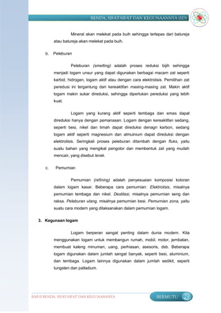 BENDA, SIFAT-SIFAT DAN KEGUNAANNYA (SD)


                    Mineral akan melekat pada buih sehingga terlepas dari batureja
           atau batureja akan melekat pada buih.


      b.   Peleburan

                    Peleburan (smelting) adalah proses reduksi bijih sehingga
           menjadi logam unsur yang dapat digunakan berbagai macam zat seperti
           karbid, hidrogen, logam aktif atau dengan cara elektrolisis. Pemilihan zat
           peredusi ini tergantung dari kereaktifan masing-masing zat. Makin aktif
           logam makin sukar direduksi, sehingga diperlukan pereduksi yang lebih
           kuat.

                    Logam yang kurang aktif seperti tembaga dan emas dapat
           direduksi hanya dengan pemanasan. Logam dengan kereaktifan sedang,
           seperti besi, nikel dan timah dapat direduksi denagn karbon, sedang
           logam aktif seperti magnesium dan almuinium dapat direduksi dengan
           elektrolisis. Seringkali proses peleburan ditambah dengan fluks, yaitu
           suatu bahan yang mengikat pengotor dan membentuk zat yang mudah
           mencair, yang disebut terak.


      c.    Pemurnian

                    Pemurnian (refining) adalah penyesuaian komposisi kotoran
           dalam logam kasar. Beberapa cara pemurnian: Elektrolisis, misalnya
           pemurnian tembaga dan nikel. Destilasi, misalnya pemurnian seng dan
           raksa. Peleburan ulang, misalnya pemurnian besi. Pemurnian zona, yaitu
           suatu cara modern yang dilaksanakan dalam pemurnian logam.

   3. Kegunaan logam


                    Logam berperan sangat penting dalam dunia modern. Kita
           menggunakan logam untuk membangun rumah, mobil, motor, jembatan,
           membuat kaleng minuman, uang, perhiasan, asesoris, dsb. Beberapa
           logam digunakan dalam jumlah sangat banyak, seperti besi, aluminium,
           dan tembaga. Logam lainnya digunakan dalam jumlah sedikit, seperti
           tungsten dan palladium.




BAB II BENDA, SIFAT-SIFAT DAN KEGUNAANNYA                          BERMUTU       29
 