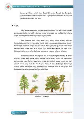 BENDA, SIFAT-SIFAT DAN KEGUNAANNYA (SD)


             Lampung Selatan, Lebak Jawa Barat, Kalimantan Tengah dan Bengkulu.
             Selain dari hasil pertambangan emas juga diperoleh dari hasil ikutan pada
             pemurnian tembaga dan nikel.



F. Kayu

              Kayu adalah salah satu sumber daya alam tertua kita. Bangunan, mebel,
     perahu, dan kertas hanyalah beberapa benda yang dapat kita buat dari kayu. Kayu
     dapat dipotong dan diukir menjadi bentuk yang indah.


              Kayu tersusun dari jutaan serat yang paling utama adalah selulosa,
     hemiselulosa, dan lignin. Kayu tahan lama, tidak berkarat, dan jika dirawat dengan
     tepat dapat bertahan hingga puluhan tahun. Kayu yang kita gunakan berasal dari
     berbagai jenis pohon. Dua jenis utama kayu adalah kayu keras dan kayu lunak.
     Kayu dari setiap jenis pohon berbeda, baik warna maupun polanya (tekstur).

              Pohon kayu lunak (misal pinus dan cemara) menghasilkan biji di dalam
     runjung. Pohon kayu lunak sering memiliki daun seperti jarum dan merupakan
     pohon malar hijau. Pohon kayu keras (misal: jati, walnut, balsa, eboni, dan oak)
     adalah pohon yang kuat dan kokoh yang berdaun lebar. Beberapa diantaranya
     adalah pohon merangas yang menggugurkan daunnya pada musim gugur, dan
     beberapa di antaranya adalah pohon malar hijau.




                                   Gambar 2.16 Kayu




42      BERMUTU                          BAB II BENDA, SIFAT-SIFAT DAN KEGUNAANNYA
 