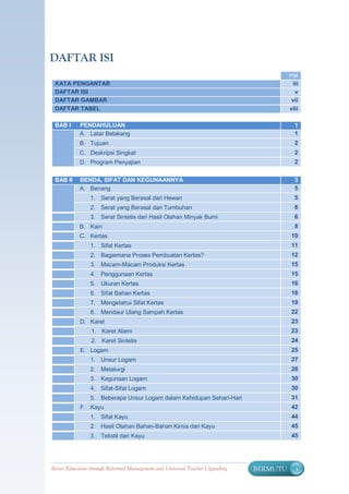 DAFTAR ISI
                                                                                         Hal
 KATA PENGANTAR                                                                           iii
 DAFTAR ISI                                                                                v
 DAFTAR GAMBAR                                                                            vii
 DAFTAR TABEL                                                                            viii

 BAB I      PENDAHULUAN                                                                    1
            A. Latar Belakang                                                              1
            B. Tujuan                                                                      2
            C. Deskripsi Singkat                                                           2
            D. Program Penyajian                                                           2


 BAB II     BENDA, SIFAT DAN KEGUNAANNYA                                                   3
            A. Benang                                                                      5
                1. Serat yang Berasal dari Hewan                                           5
                2. Serat yang Berasal dari Tumbuhan                                        6
                3. Serat Sintetis dari Hasil Olahan Minyak Bumi                            6
            B. Kain                                                                        8
            C. Kertas                                                                     10
                1. Sifat Kertas                                                           11
                2. Bagaimana Proses Pembuatan Kertas?                                     12
                3. Macam-Macam Produksi Kertas                                            15
                4. Penggunaan Kertas                                                      15
                5. Ukuran Kertas                                                          16
                6. Sifat Bahan Kertas                                                     18
                7. Mengetahui Sifat Kertas                                                19
                8. Mendaur Ulang Sampah Kertas                                            22
            D. Karet                                                                      23
                 1. Karet Alami                                                           23
                 2. Karet Sintetis                                                        24
            E. Logam                                                                      25
                1. Unsur Logam                                                            27
                2. Metalurgi                                                              28
                3. Kegunaan Logam                                                         30
                4. Sifat-Sifat Logam                                                      30
                5. Beberapa Unsur Logam dalam Kehidupan Sehari-Hari                       31
            F. Kayu                                                                       42
                1. Sifat Kayu                                                             44
                2. Hasil Olahan Bahan-Bahan Kimia dari Kayu                               45
                3. Tekstil dari Kayu                                                      45




Better Education through Reformed Management and Universal Teacher Upgrading   BERMUTU      v
 