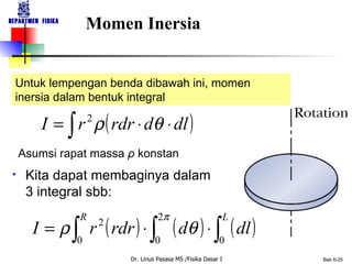 Momen Inersia Untuk lempengan benda dibawah ini, momen inersia dalam bentuk integral Asumsi rapat massa  ρ  konstan Kita dapat membaginya dalam 3 integral sbb: 