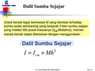 Dalil Sumbu Sejajar Untuk benda tegar bermassa M yang berotasi terhadap sumbu putar sembarang yang berjarak  h  dari sumbu sejajar yang melalui titik pusat massanya ( I CM   diketahui), momen inersia benda dapat ditentukan dengan menggunakan:   Dalil Sumbu Sejajar 