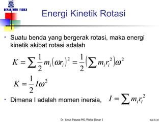 Energi Kinetik Rotasi Suatu benda yang bergerak rotasi, maka energi kinetik akibat rotasi adalah Dimana I adalah momen inersia, 