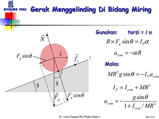Gerak Menggelinding Di Bidang Miring Gunakan: torsi =  I    Maka: 