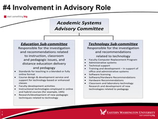 #4 Involvement in Advisory Role
1
8
Academic Systems
Advisory Committee
Education Sub-committee
Responsible for the investigation
and recommendations related
to instruction, classroom
and pedagogic issues, and
distance education delivery
and pedagogy
Standards for teaching in a blended or fully
online format
Course design & development service and
support for technology-based or enhanced
classes
Faculty development activities
Instructional technologies employed in online
and hybrid courses (for example, LMS)
Research/development of new pedagogic
techniques related to technology
Technology Sub-committee
Responsible for the investigation
and recommendations
related to technology
Faculty Computer Replacement Program
Administrative systems
Technical support
Training and development – in support of
office and administrative systems
Software licensing
Software/Hardware Recommendations
Hardware Recommendations
Classroom and laboratory technology
Research and development of new
technologies related to pedagogy
 