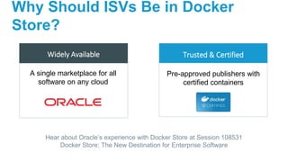 Why Should ISVs Be in Docker
Store?
Widely Available Trusted & Certified
A single marketplace for all
software on any cloud
Pre-approved publishers with
certified containers
Hear about Oracle’s experience with Docker Store at Session 108531
Docker Store: The New Destination for Enterprise Software
 