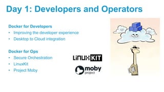 Day 1: Developers and Operators
Docker for Developers
• Improving the developer experience
• Desktop to Cloud integration
Docker for Ops
• Secure Orchestration
• LinuxKit
• Project Moby
 