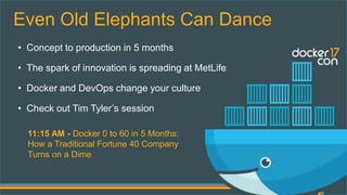 Even Old Elephants Can Dance
• Concept to production in 5 months
• The spark of innovation is spreading at MetLife
• Docker and DevOps change your culture
• Check out Tim Tyler’s session
11:15 AM - Docker 0 to 60 in 5 Months:
How a Traditional Fortune 40 Company
Turns on a Dime
 