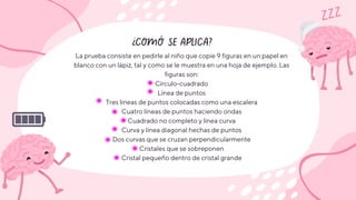 ¿COMÓ SE APLICA?
ZZZ
La prueba consiste en pedirle al niño que copie 9 figuras en un papel en
blanco con un lápiz, tal y como se le muestra en una hoja de ejemplo. Las
figuras son:
Círculo-cuadrado
Línea de puntos
Tres líneas de puntos colocadas como una escalera
Cuatro líneas de puntos haciendo ondas
Cuadrado no completo y línea curva
Curva y línea diagonal hechas de puntos
Dos curvas que se cruzan perpendicularmente
Cristales que se sobreponen
Cristal pequeño dentro de cristal grande
 